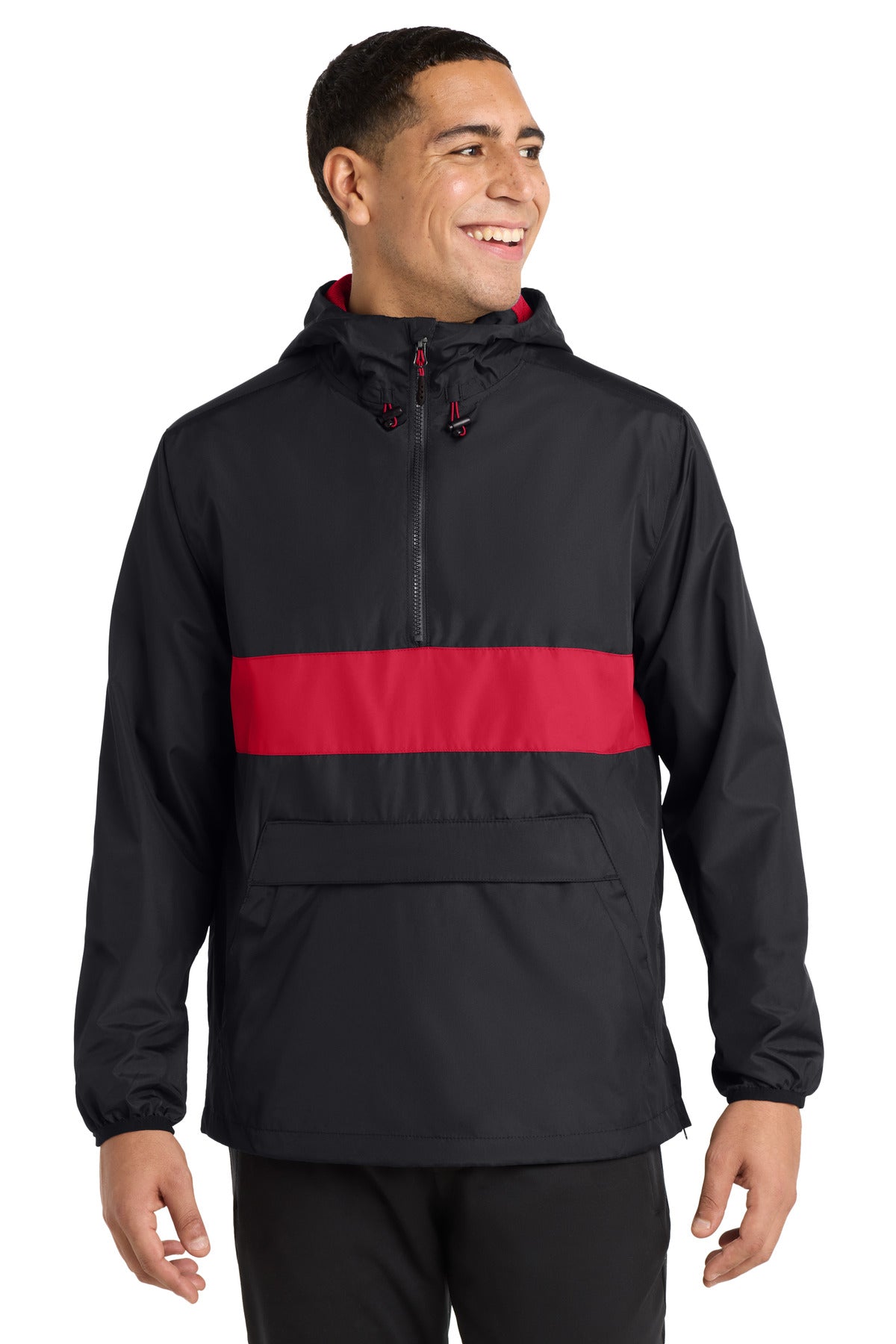 Sport-Tek Zipped Pocket Anorak. JST65 in Black/ True Red