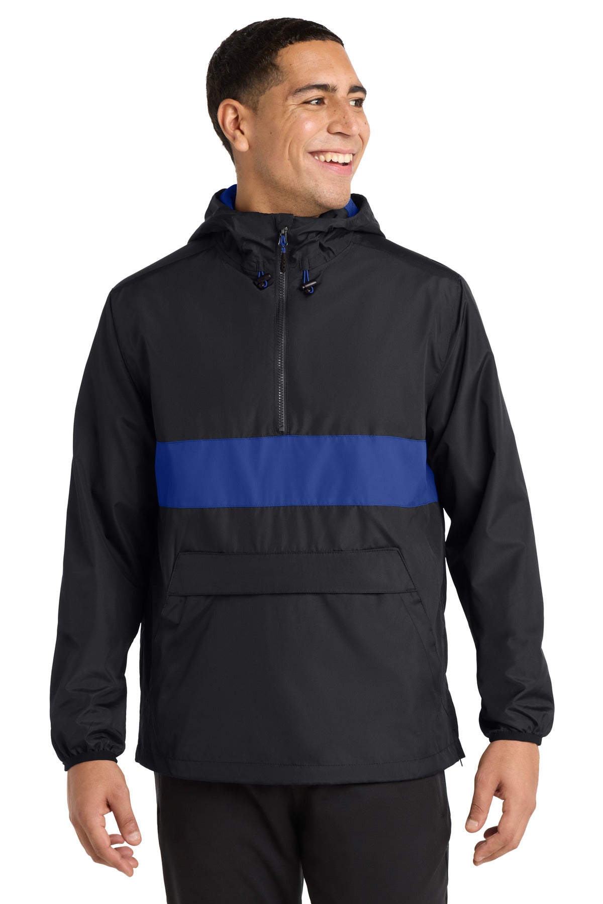 Sport-Tek Zipped Pocket Anorak. JST65 in Black/ True Royal