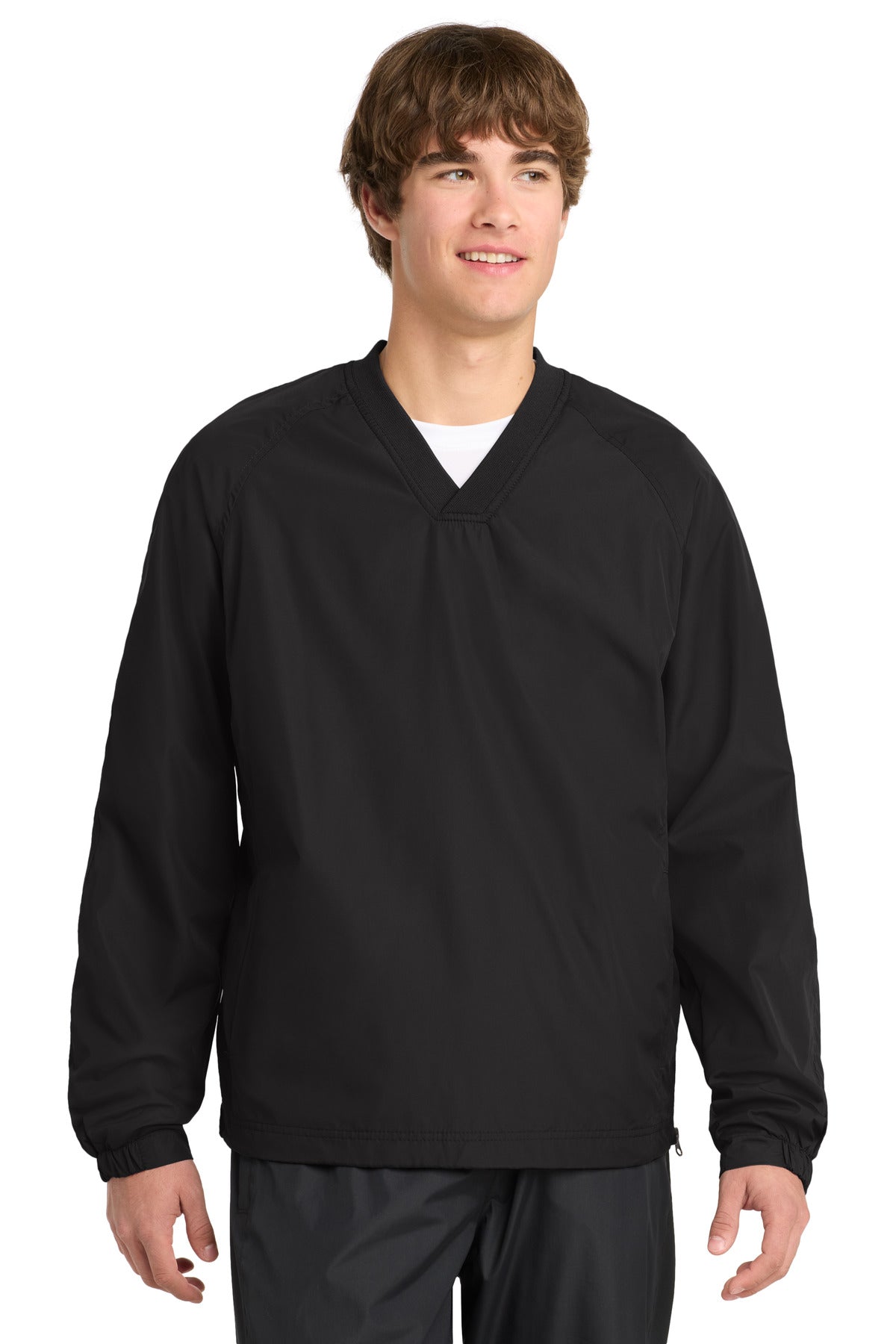Sport-Tek V-Neck Raglan Wind Shirt. JST72 in Black