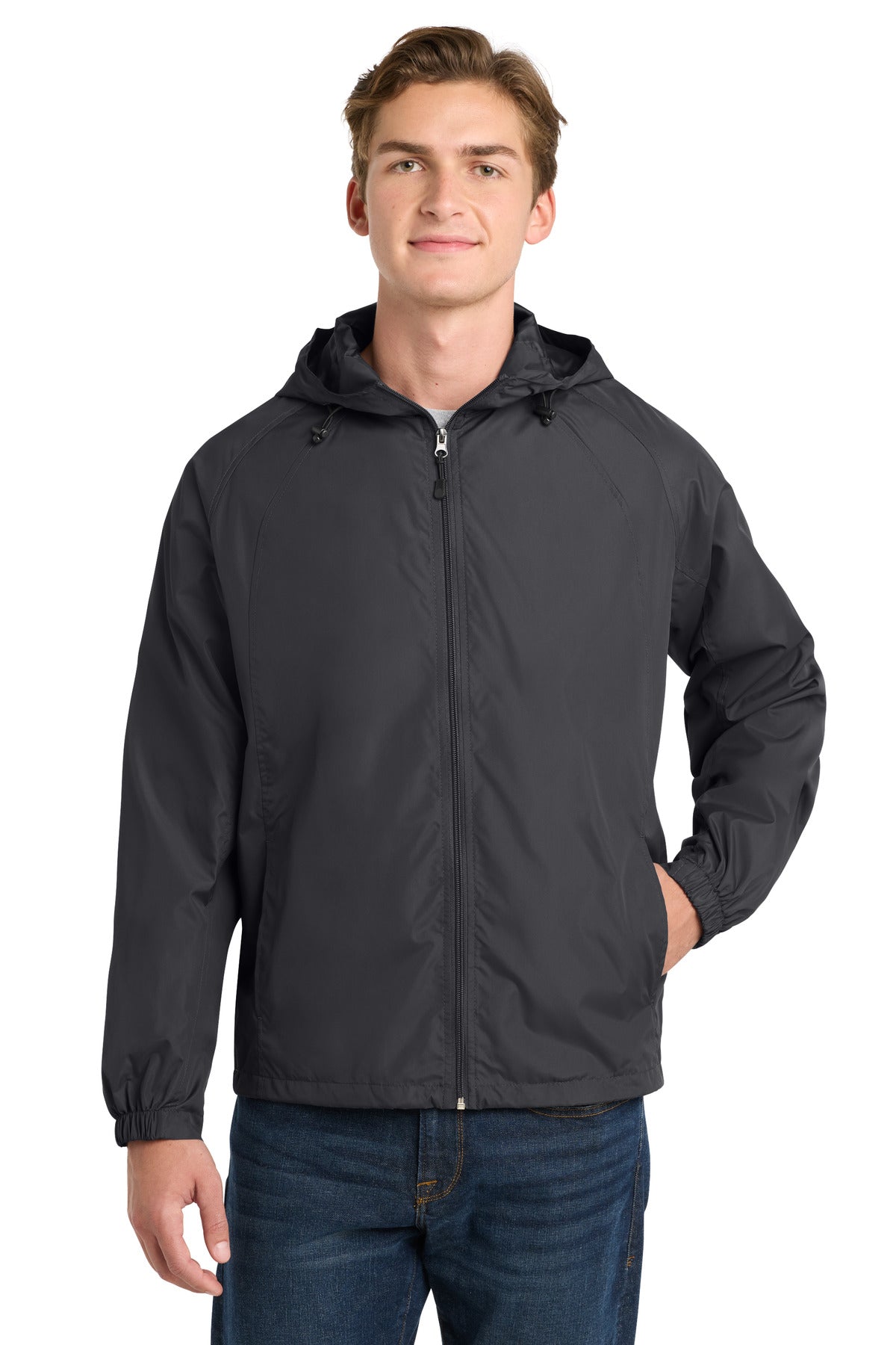 Sport-Tek Hooded Raglan Jacket. JST73 in Graphite