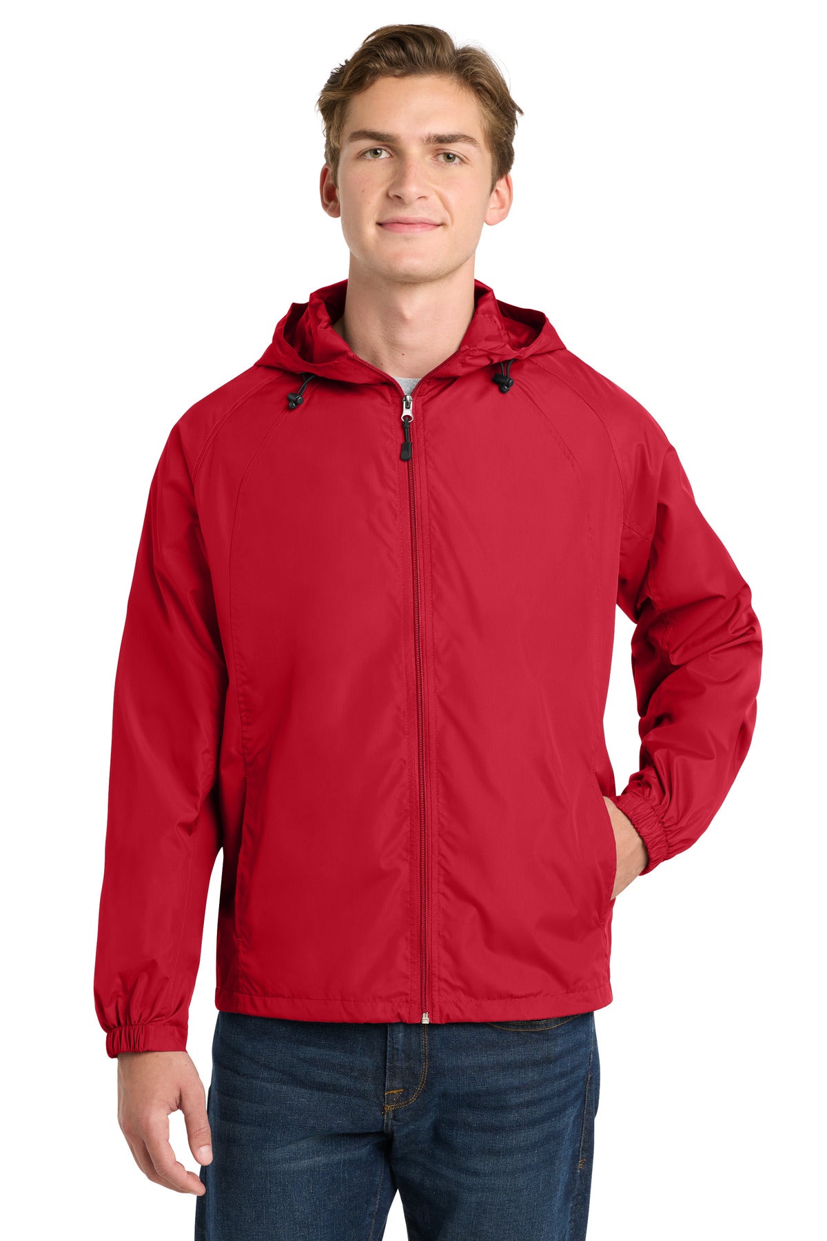 Sport-Tek Hooded Raglan Jacket. JST73 in True Red