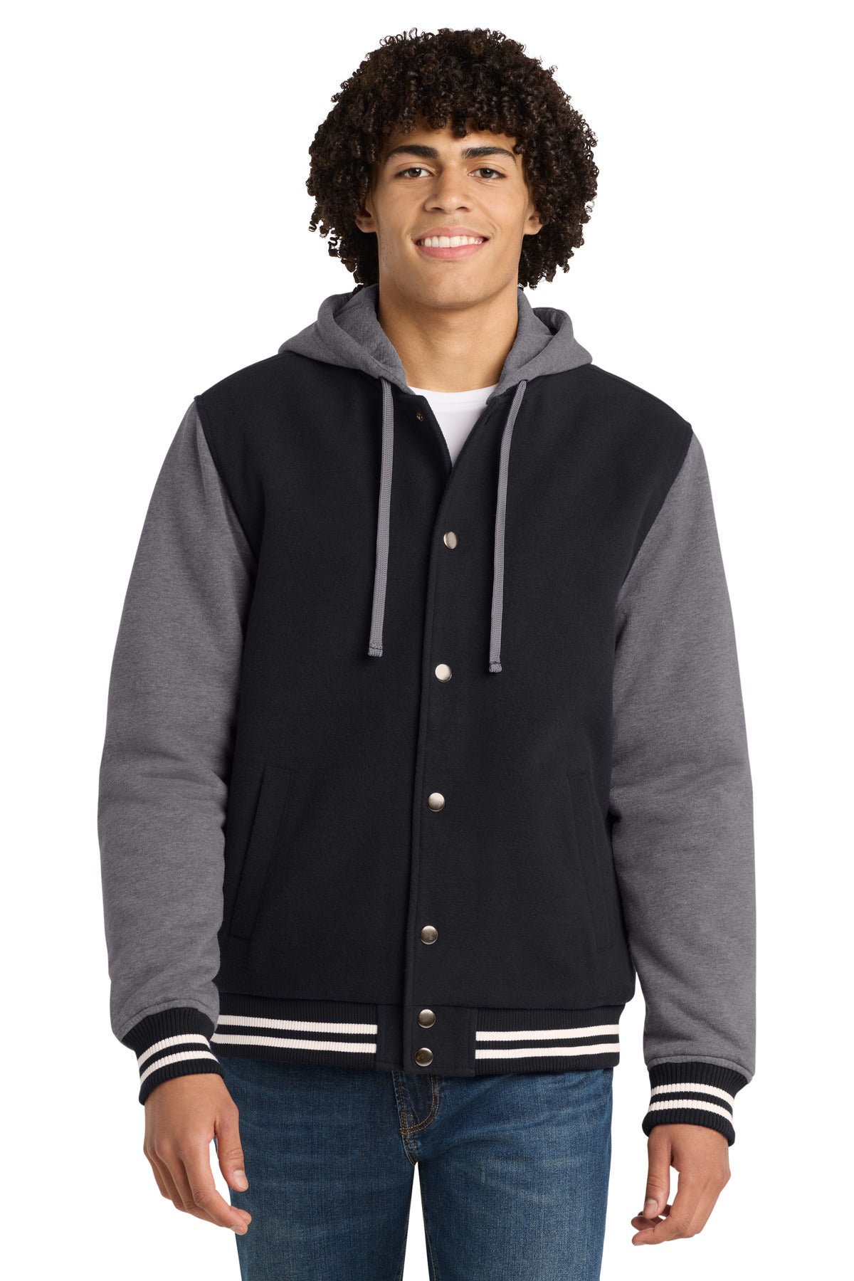 Sport-Tek Insulated Letterman Jacket. JST82 in Black/ Vintage Heather