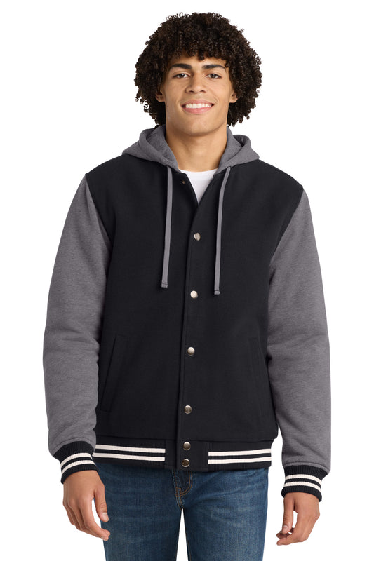 Sport-Tek Insulated Letterman Jacket. JST82 in Black/ Vintage Heather