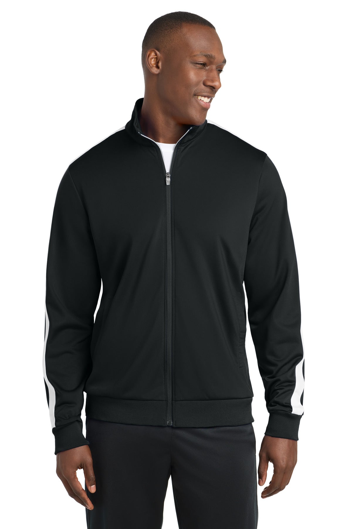 Sport-Tek  Tricot Sleeve Stripe Track Jacket. JST94 in Black/ White