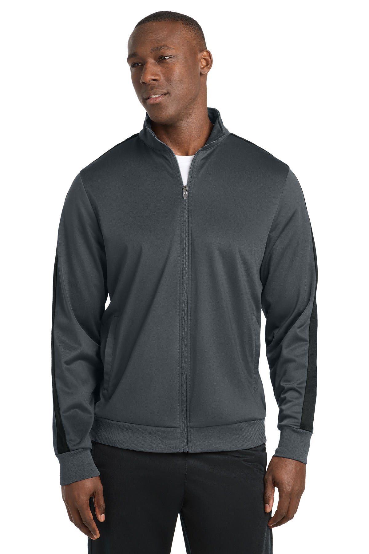 Sport-Tek  Tricot Sleeve Stripe Track Jacket. JST94 in Graphite/ Black