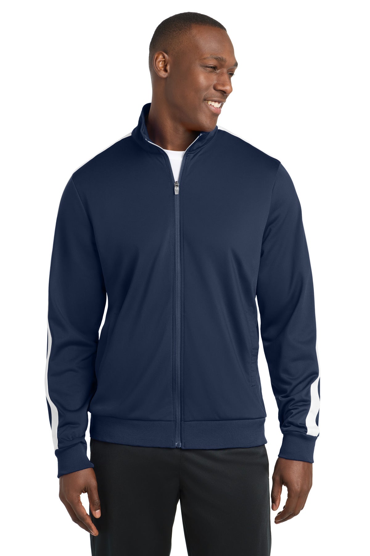 Sport-Tek  Tricot Sleeve Stripe Track Jacket. JST94 in True Navy/ White