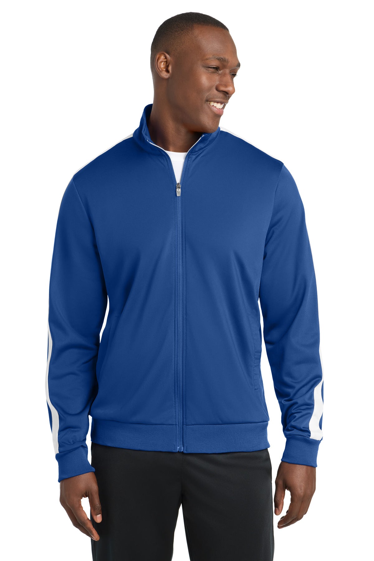 Sport-Tek  Tricot Sleeve Stripe Track Jacket. JST94 in True Royal/ White