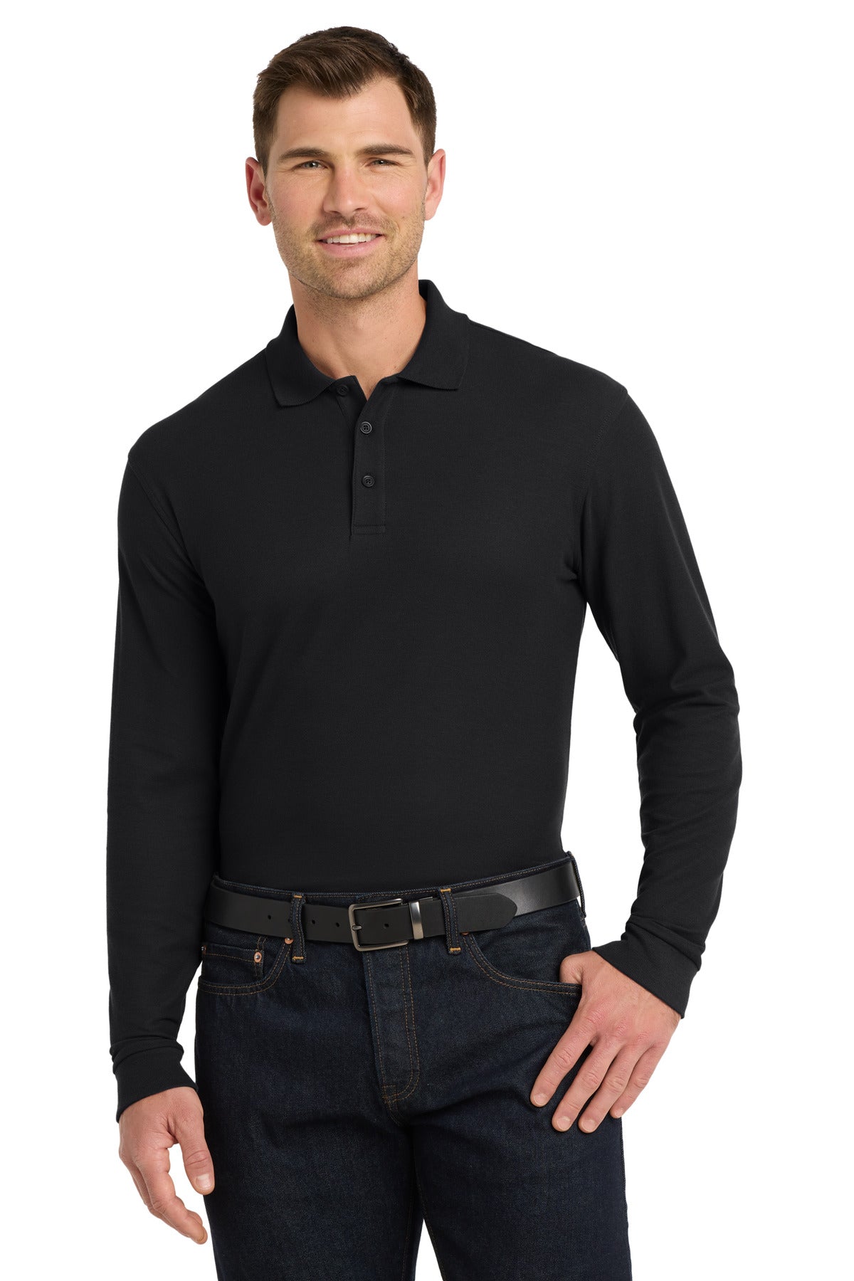 Port Authority Long Sleeve Core Classic Pique Polo. K100LS in Deep Black
