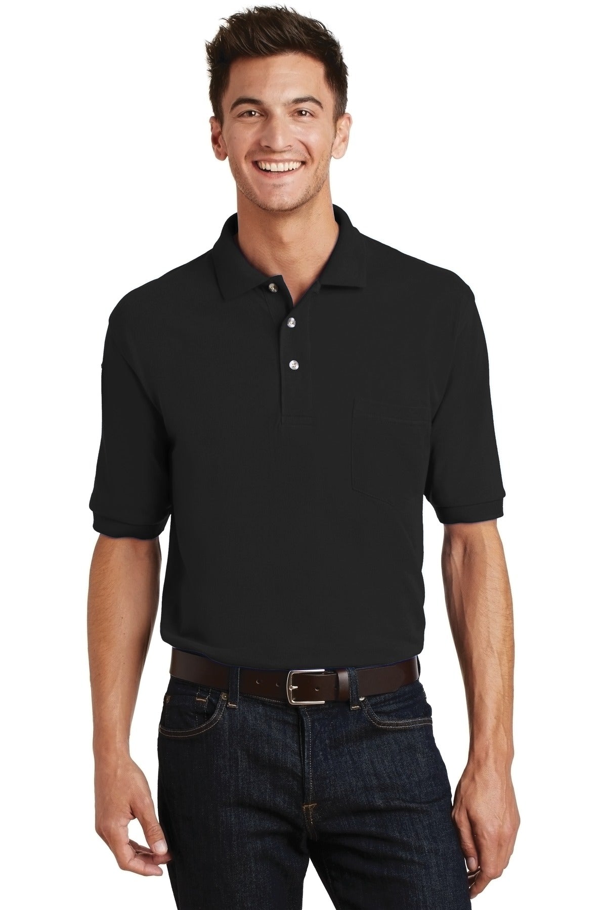 Port Authority Heavyweight Cotton Pique Polo with Pocket.  K420P in Black