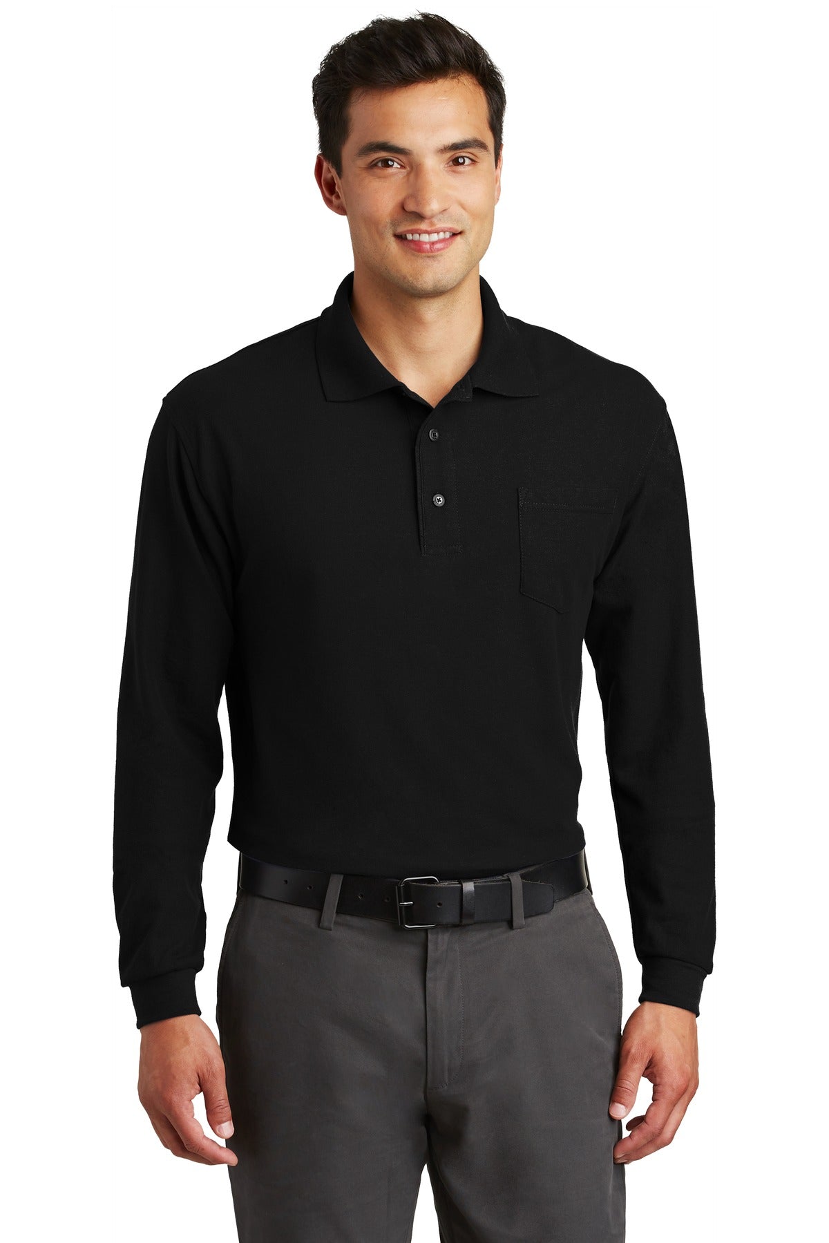 Port Authority Long Sleeve Silk Touch Polo with Pocket.  K500LSP in Black