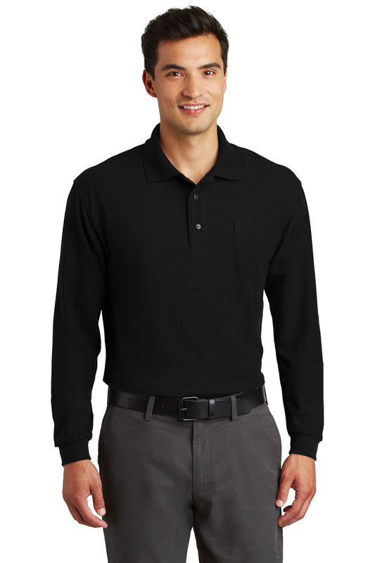 Port Authority Long Sleeve Silk Touch Polo with Pocket.  K500LSP in Black