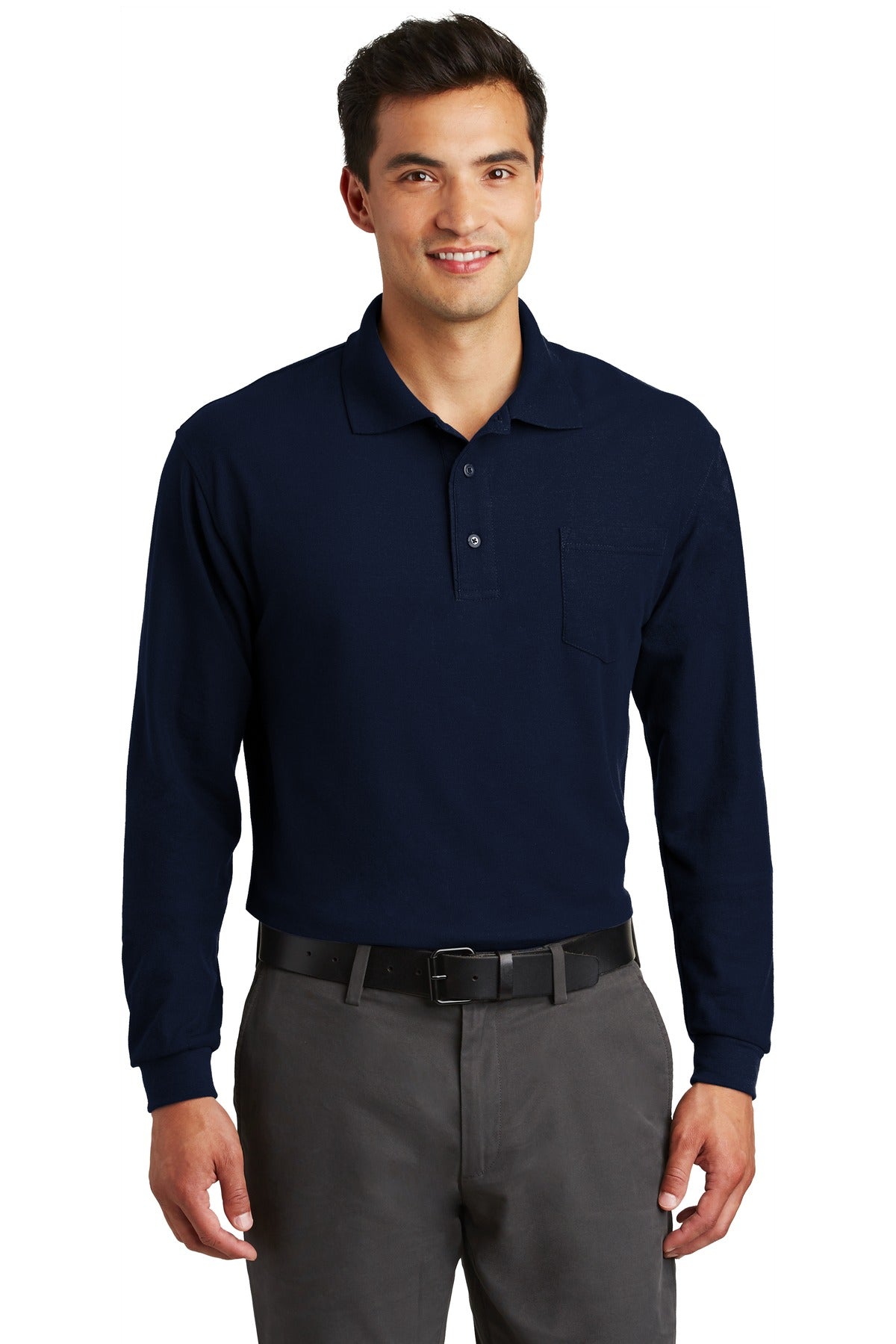 Port Authority Long Sleeve Silk Touch Polo with Pocket.  K500LSP in Navy