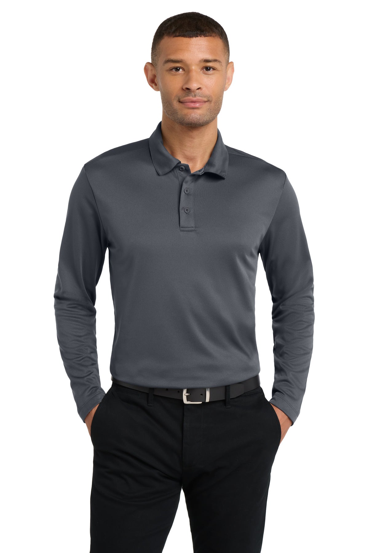 Port Authority Silk Touch Performance Long Sleeve Polo. K540LS in Steel Grey