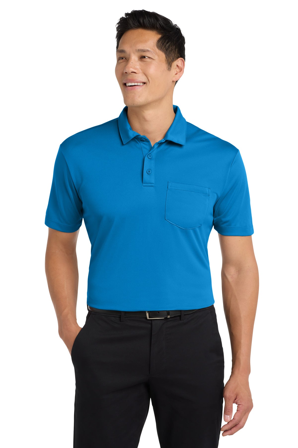 Port Authority Silk Touch Performance Pocket Polo. K540P in Brilliant Blue