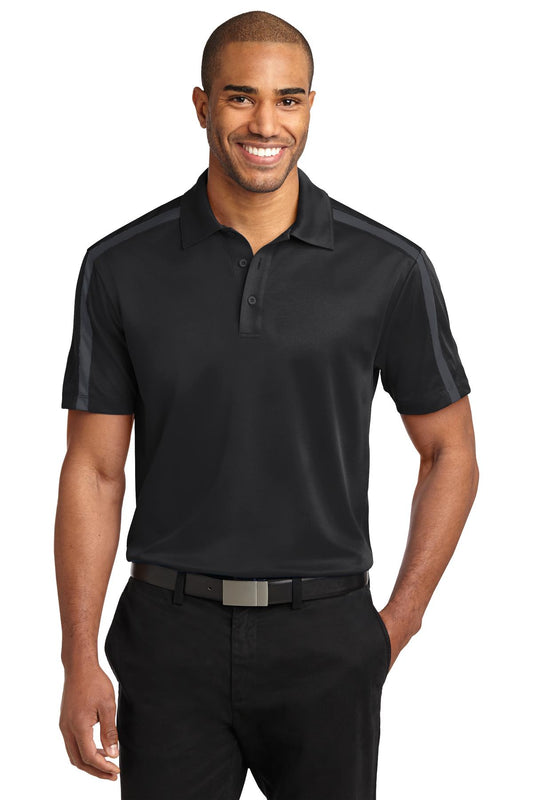 Port Authority Silk Touch Performance Colorblock Stripe Polo. K547 in Black/ Steel Grey