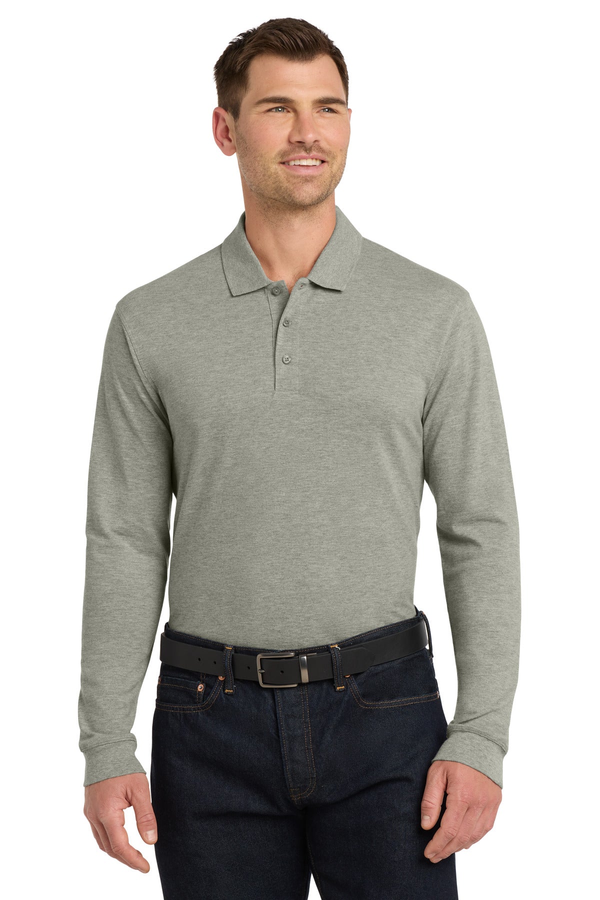 Port Authority EZCotton Long Sleeve Polo. K8000LS in Oxford Heather