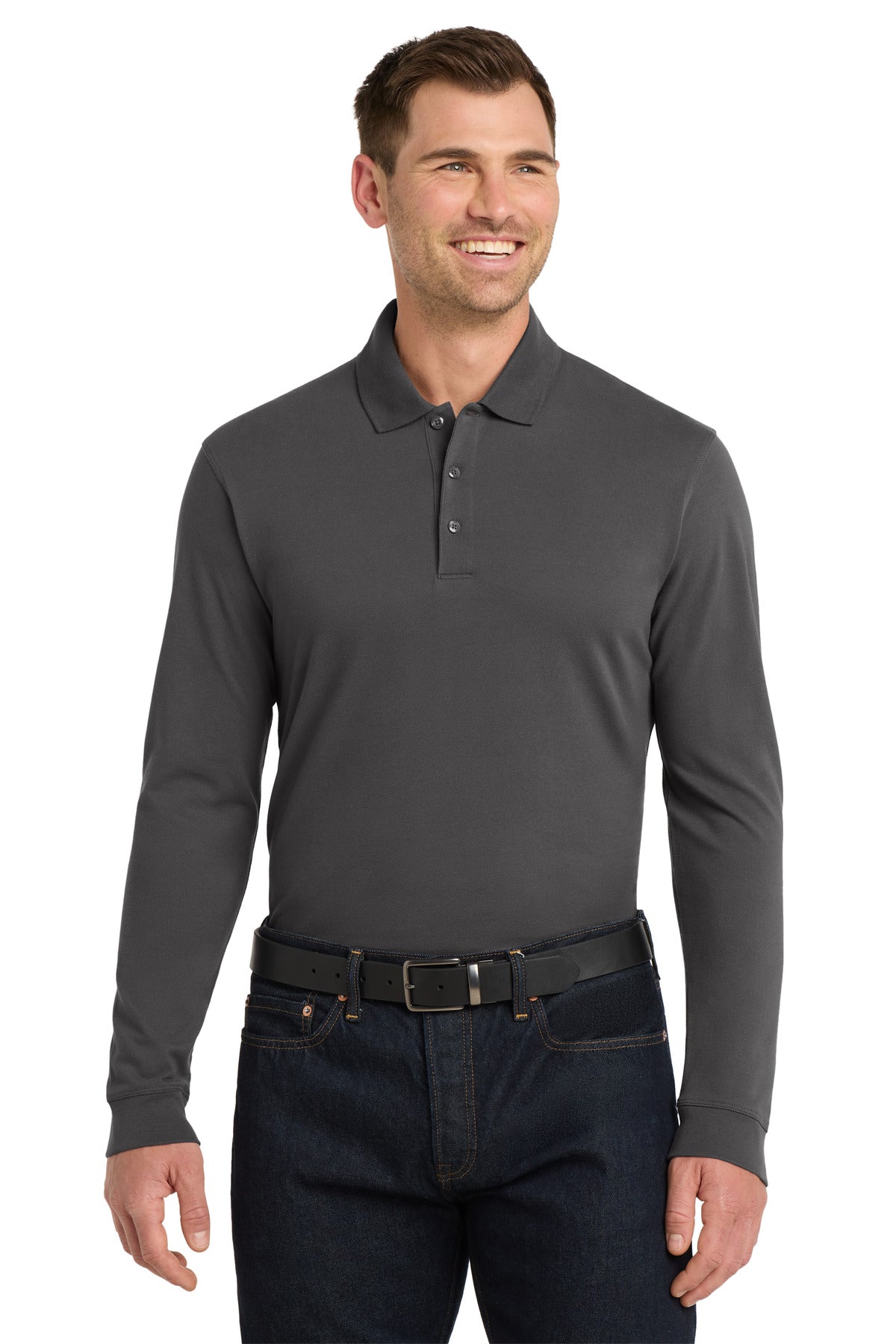 Port Authority EZCotton Long Sleeve Polo. K8000LS in Sterling Grey