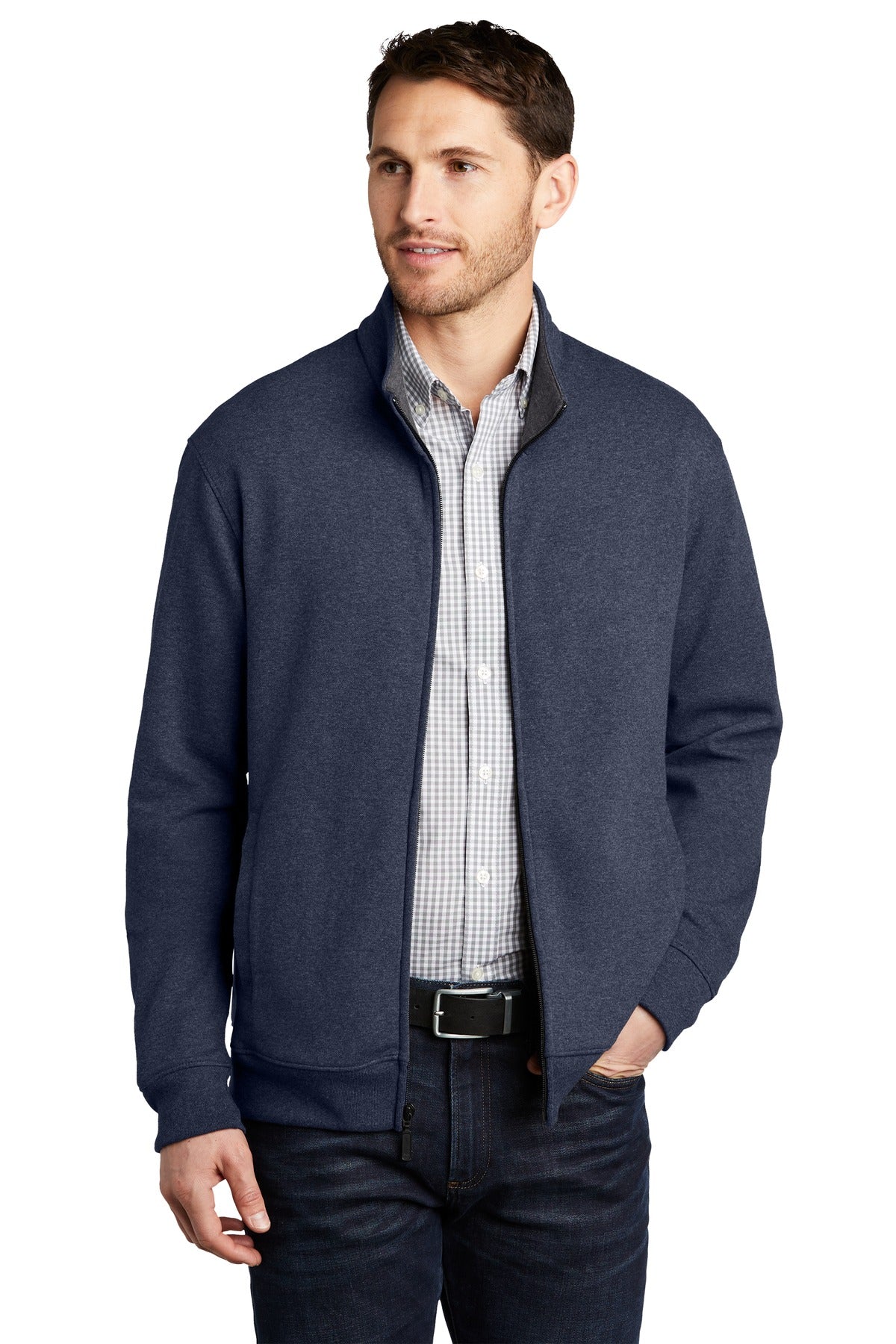 Port Authority  Interlock Full-Zip. K809 in Estate Blue Heather/ Charcoal Heather