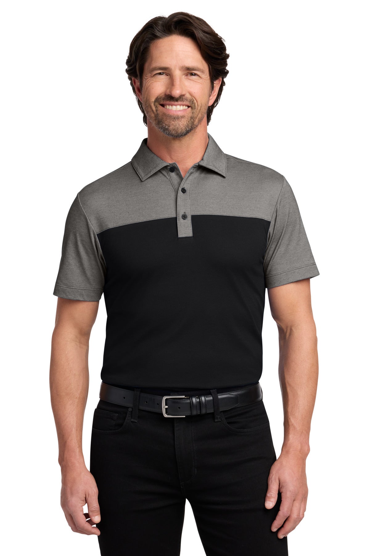 Port Authority Fine Pique Blend Blocked Polo K831 in Deep Black/ Charcoal Heather