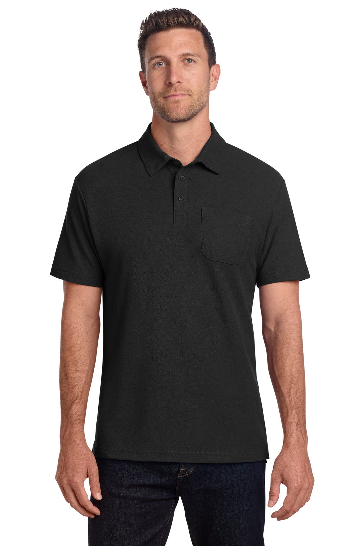 Port Authority C-FREE Cotton Blend Pique Pocket Polo K868 in Black