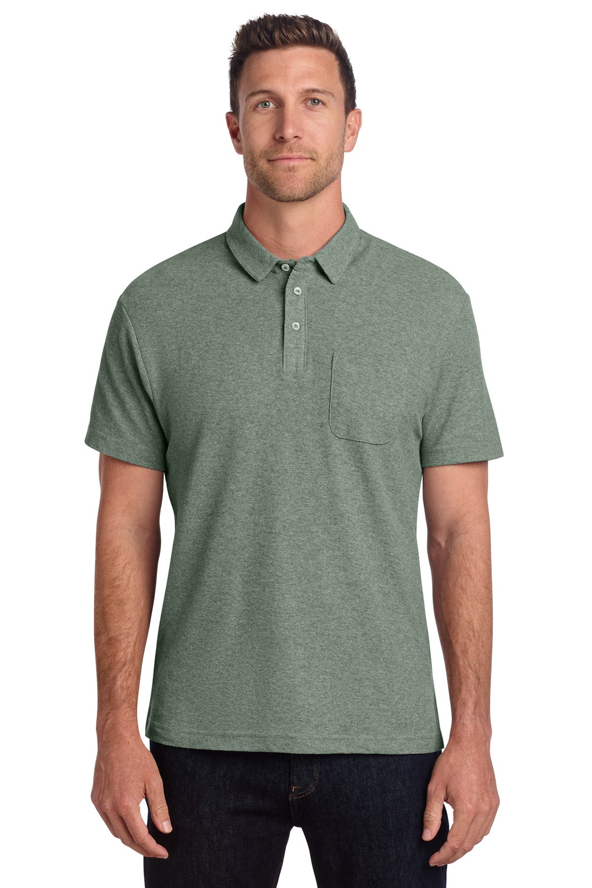 Port Authority C-FREE Cotton Blend Pique Pocket Polo K868 in Dark Green Heather