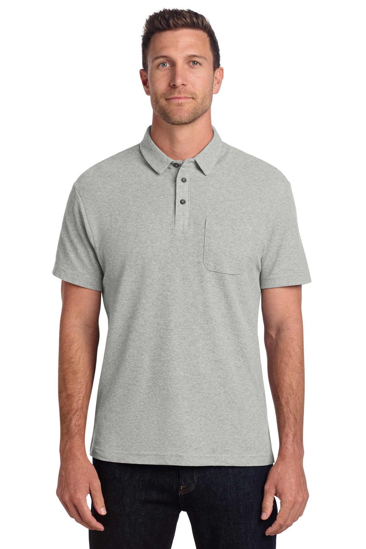 Port Authority C-FREE Cotton Blend Pique Pocket Polo K868 in Deep Smoke Heather