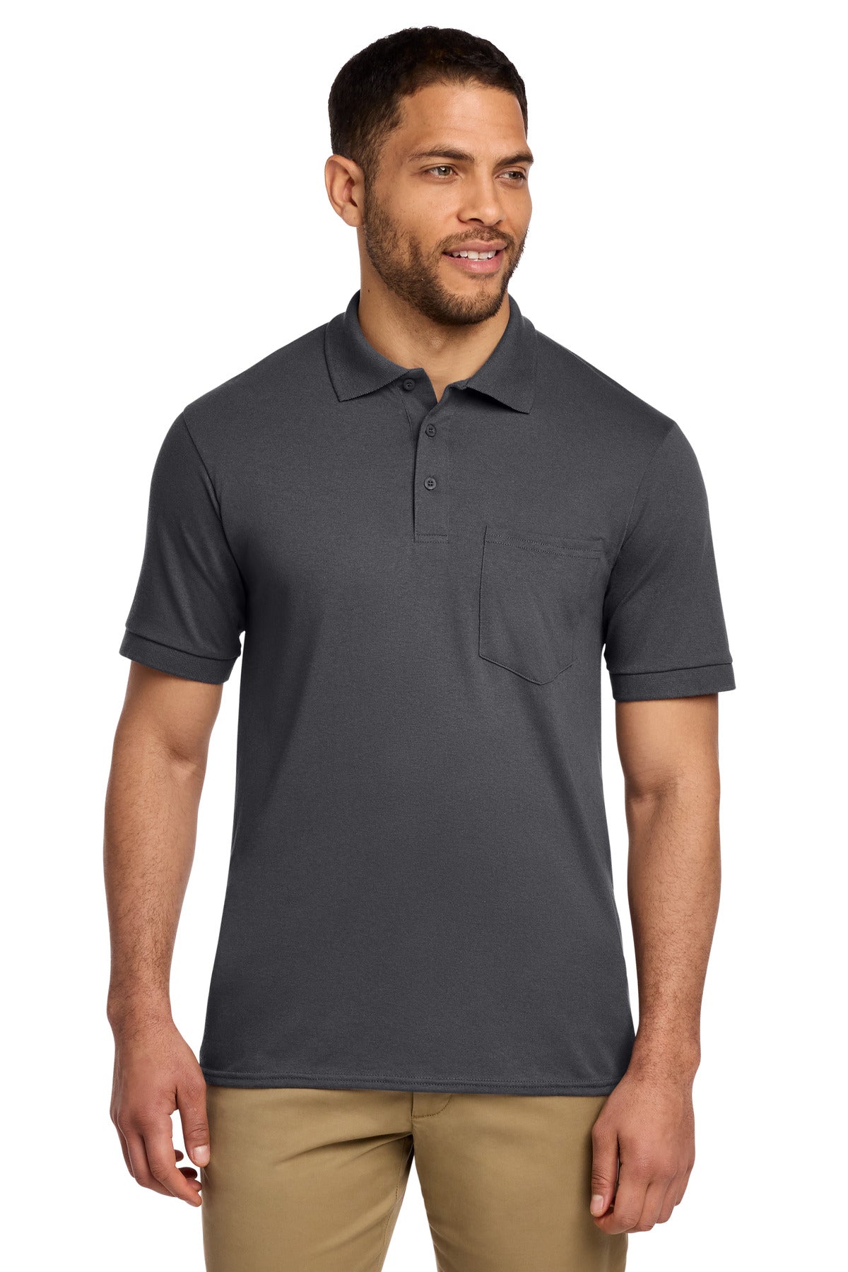 Port & Co Core Blend Jersey Knit Pocket Polo. KP55P in Charcoal