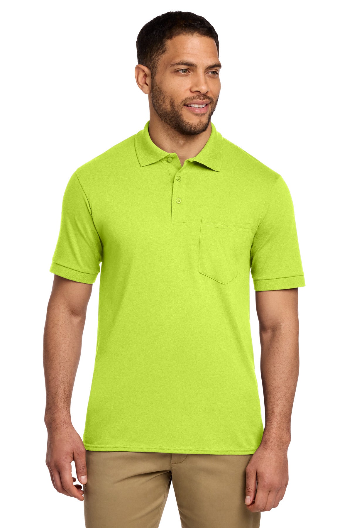 Port & Co Core Blend Jersey Knit Pocket Polo. KP55P in Safety Green