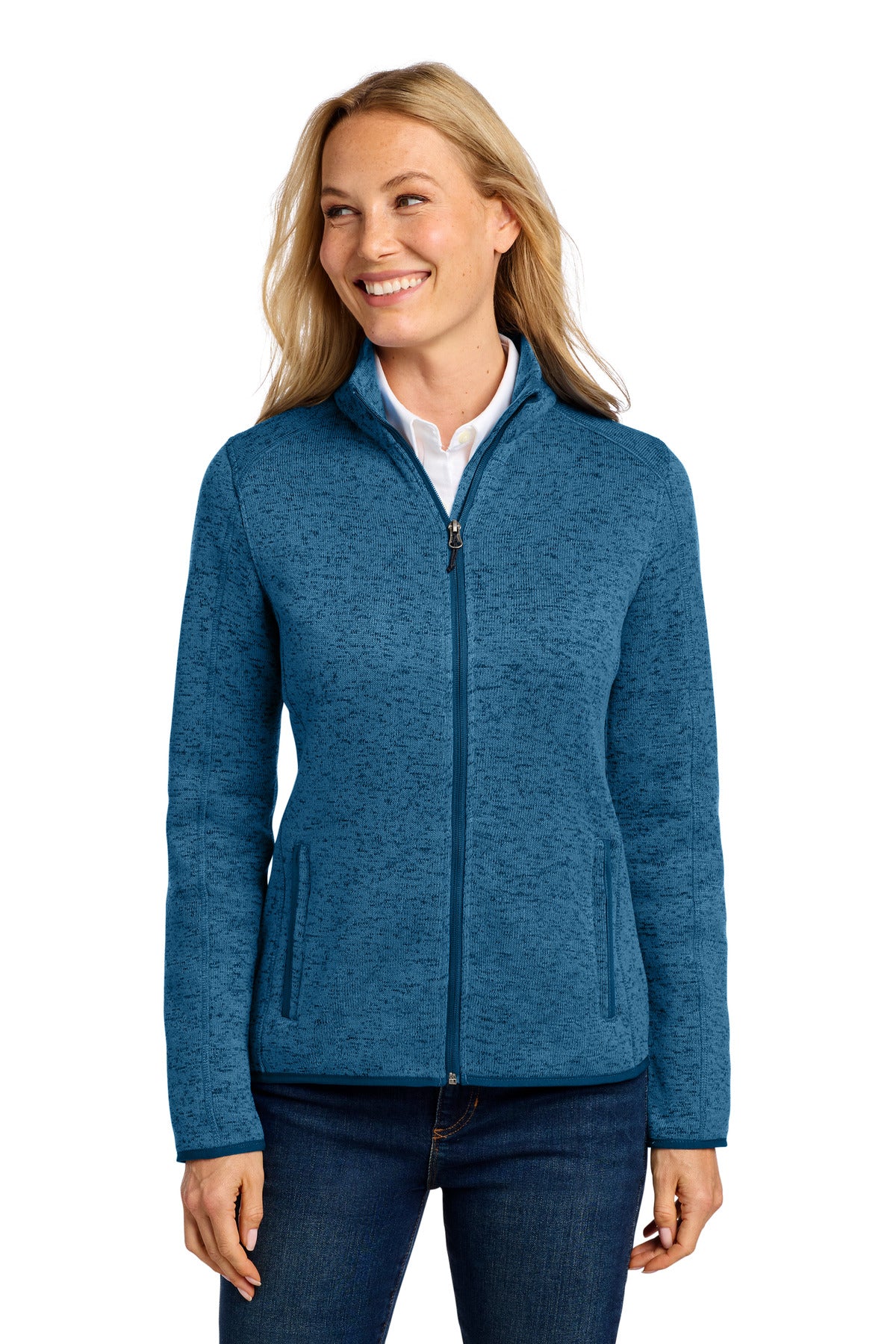 Port Authority Women's Sweater Fleece Jacket. L232 in Medium Blue Heather