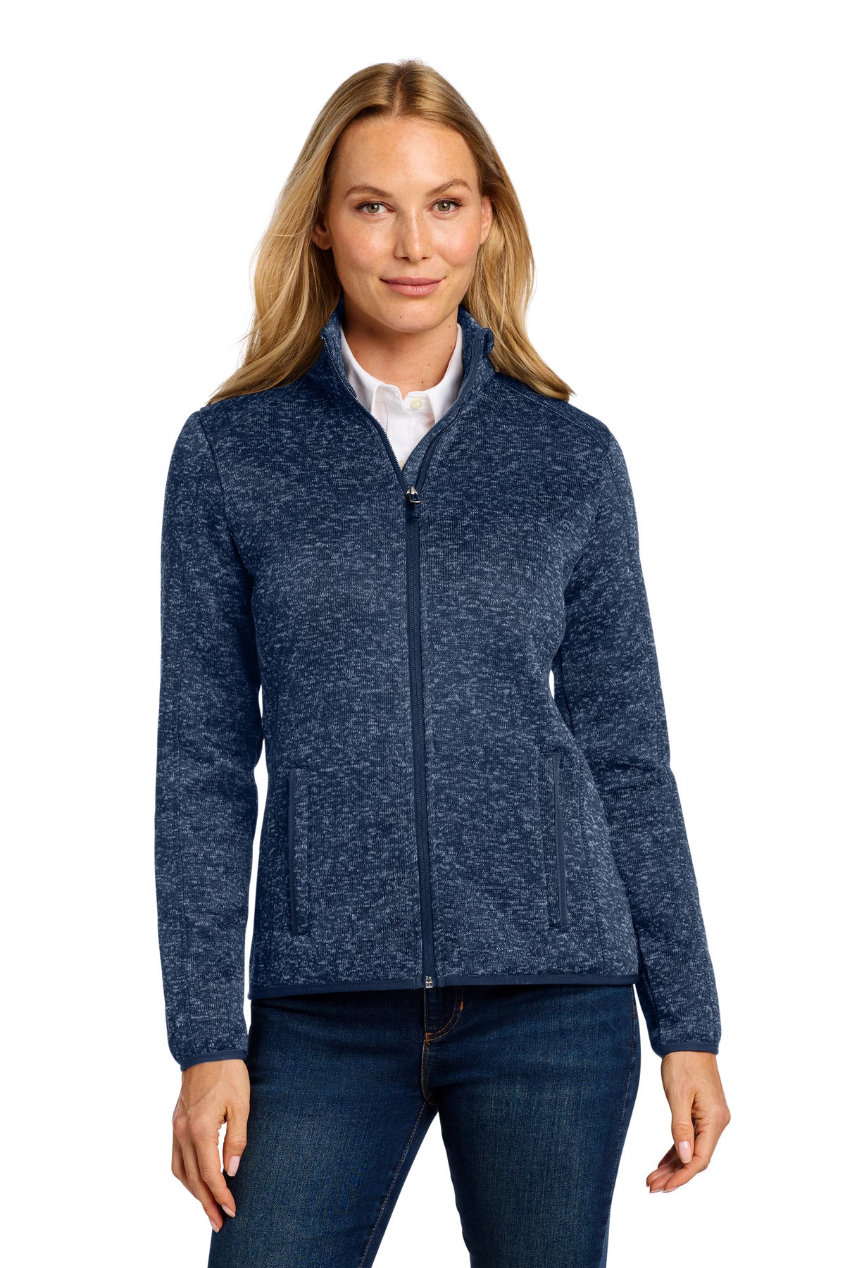 Port Authority Women's Sweater Fleece Jacket. L232 in River Blue Navy Heather