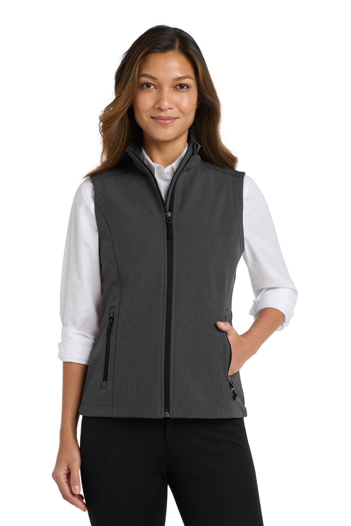 Port Authority Women's Core Soft Shell Vest. L325 in Black Charcoal Heather