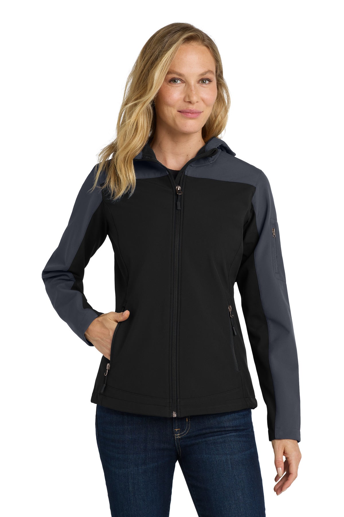 Port Authority Women's Hooded Core Soft Shell Jacket. L335 in Black/ Battleship Grey