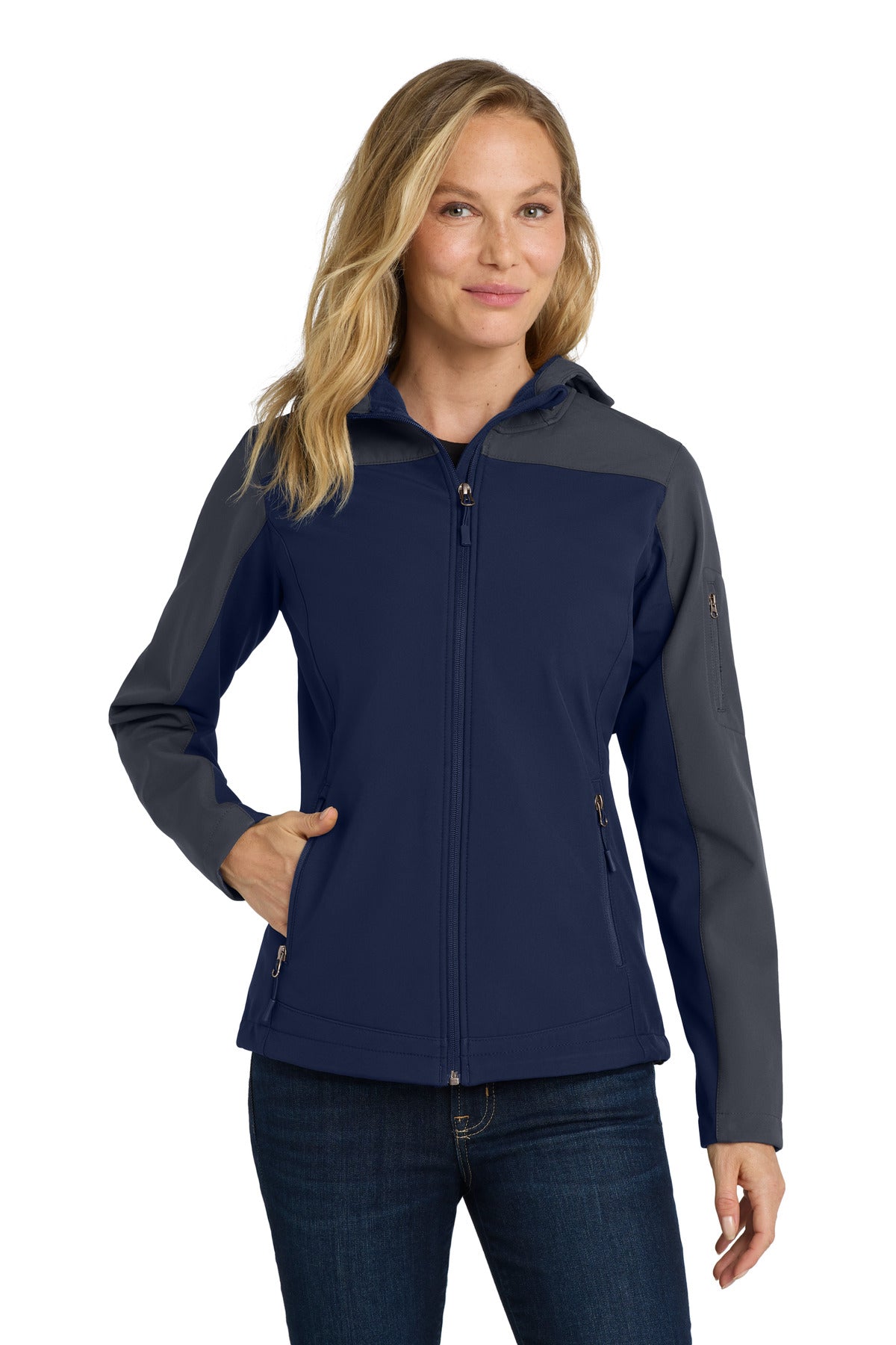 Port Authority Women's Hooded Core Soft Shell Jacket. L335 in Dress Blue Navy/ Battleship Grey