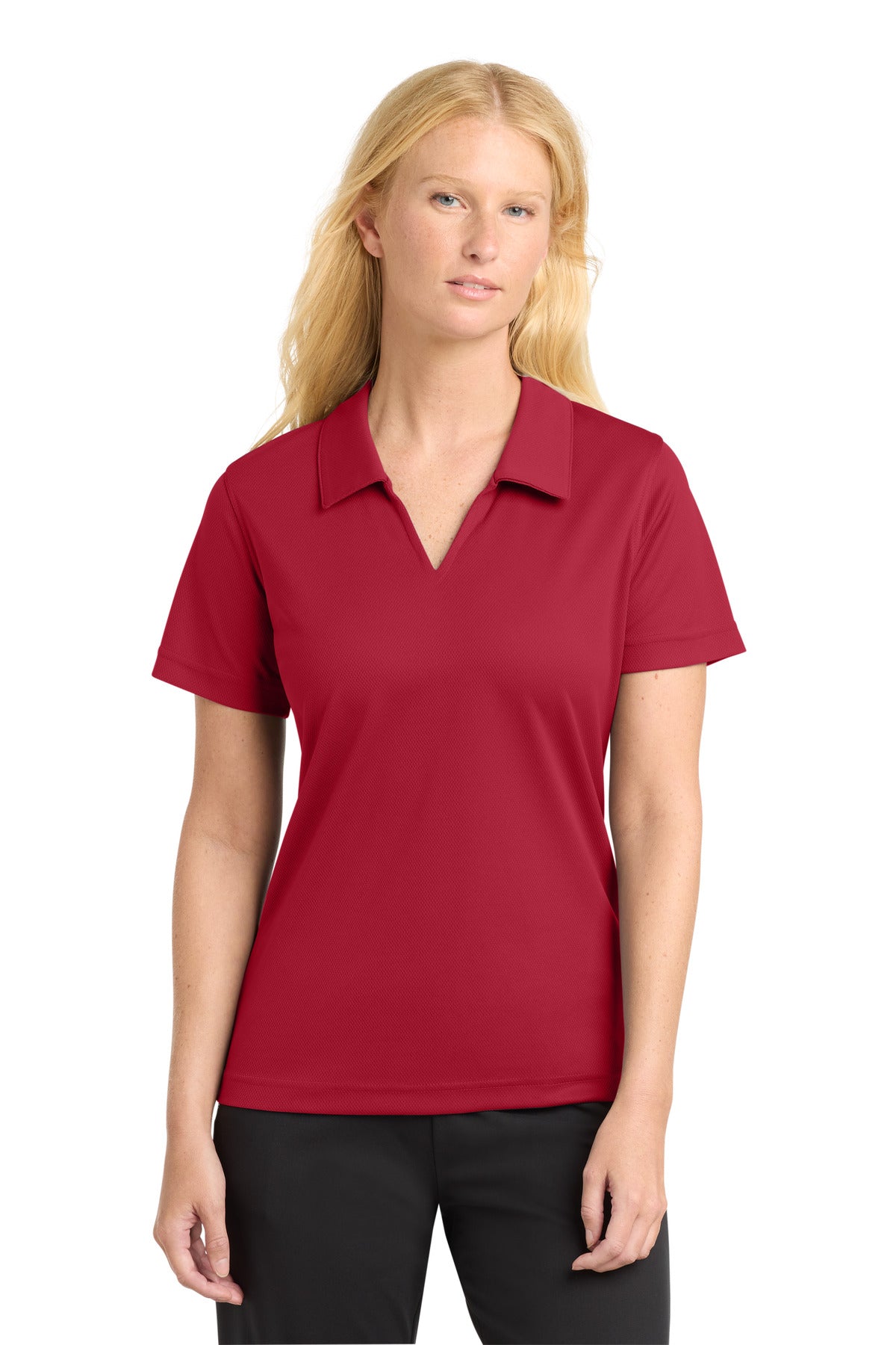 Sport-Tek Women's Dri-Mesh V-Neck Polo.  L469 in Red