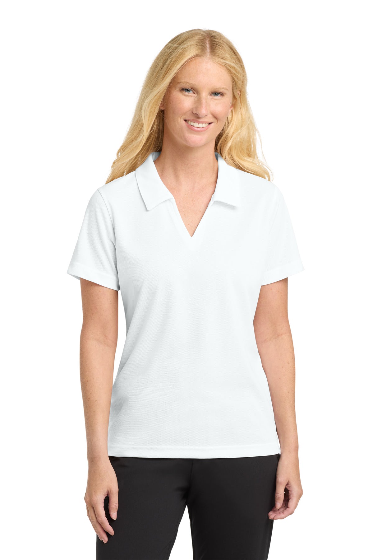 Sport-Tek Women's Dri-Mesh V-Neck Polo.  L469 in White