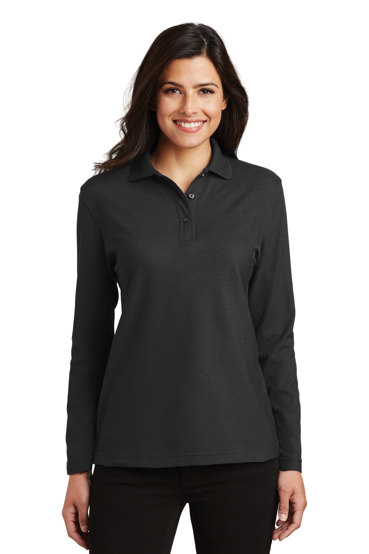 Port Authority Women's Silk Touch Long Sleeve Polo.  L500LS in Black