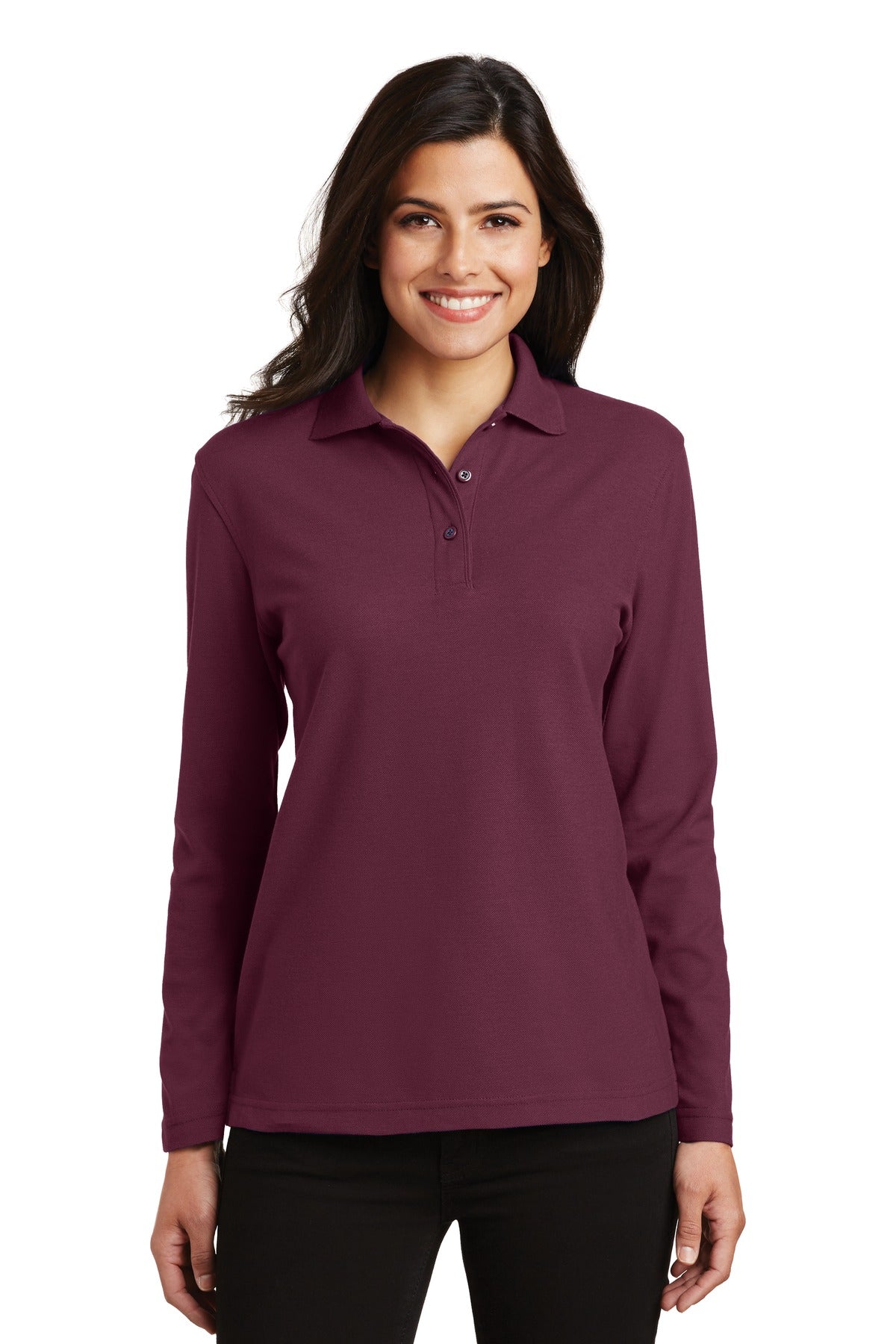 Port Authority Women's Silk Touch Long Sleeve Polo.  L500LS in Burgundy