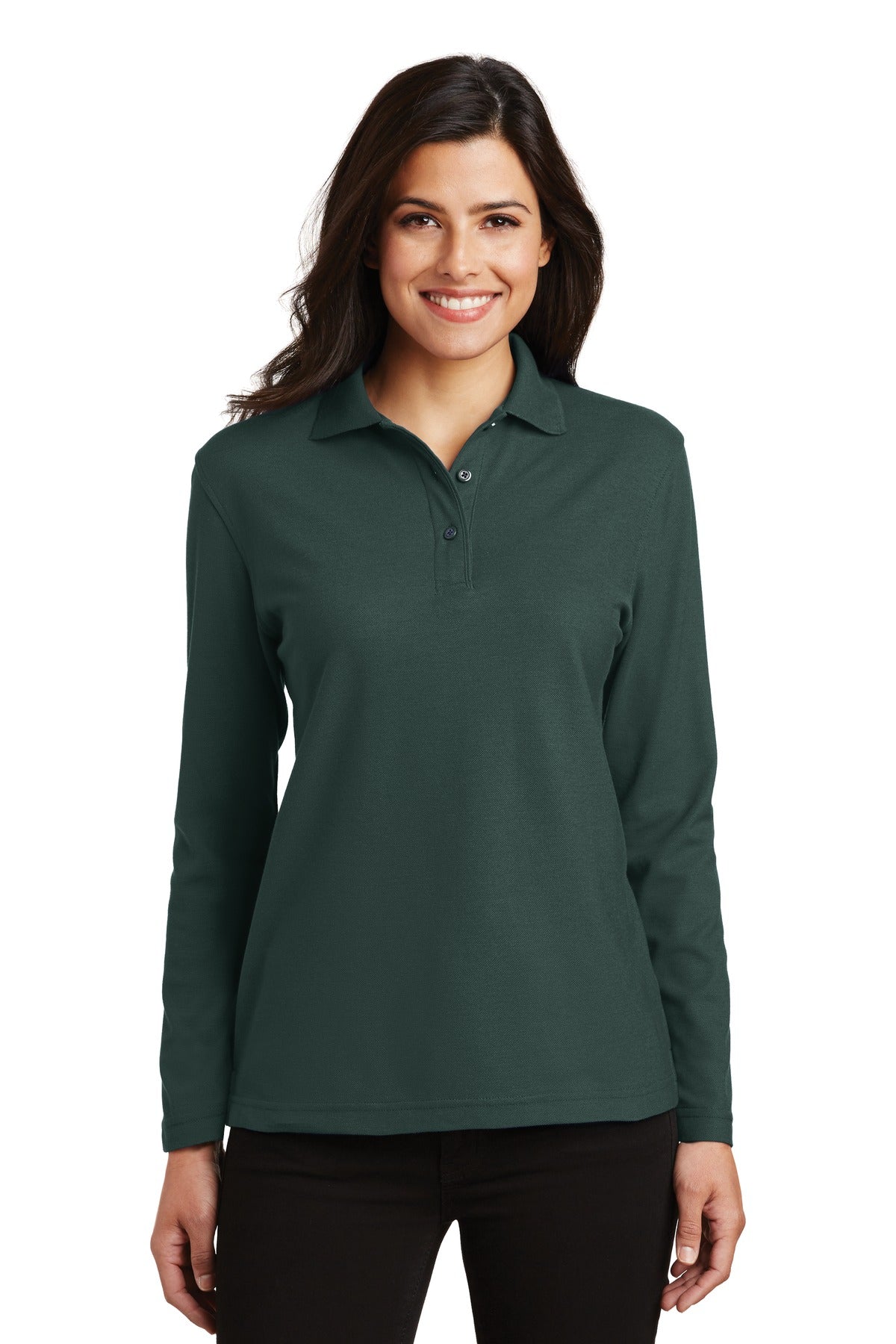 Port Authority Women's Silk Touch Long Sleeve Polo.  L500LS in Dark Green