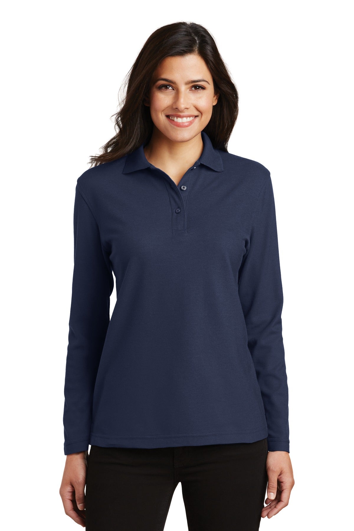 Port Authority Women's Silk Touch Long Sleeve Polo.  L500LS in Navy
