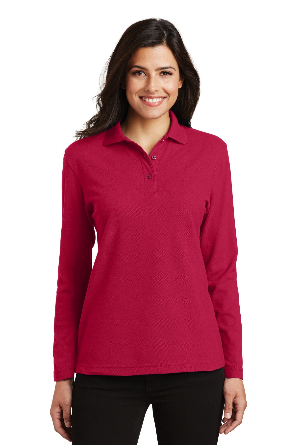 Port Authority Women's Silk Touch Long Sleeve Polo.  L500LS in Red