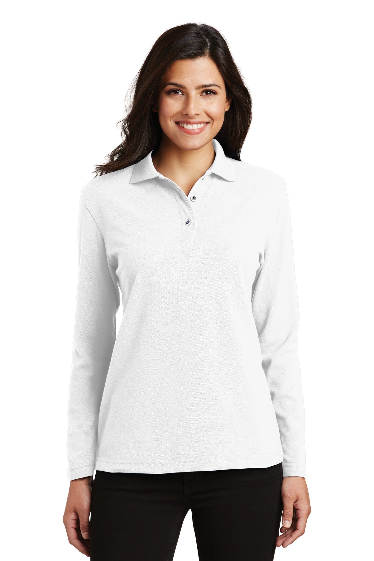 Port Authority Women's Silk Touch Long Sleeve Polo.  L500LS in White