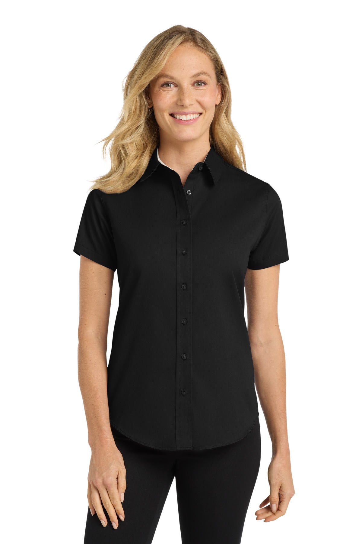 Port Authority Women's Short Sleeve Easy Care  Shirt.  L508 in Black/ Light Stone