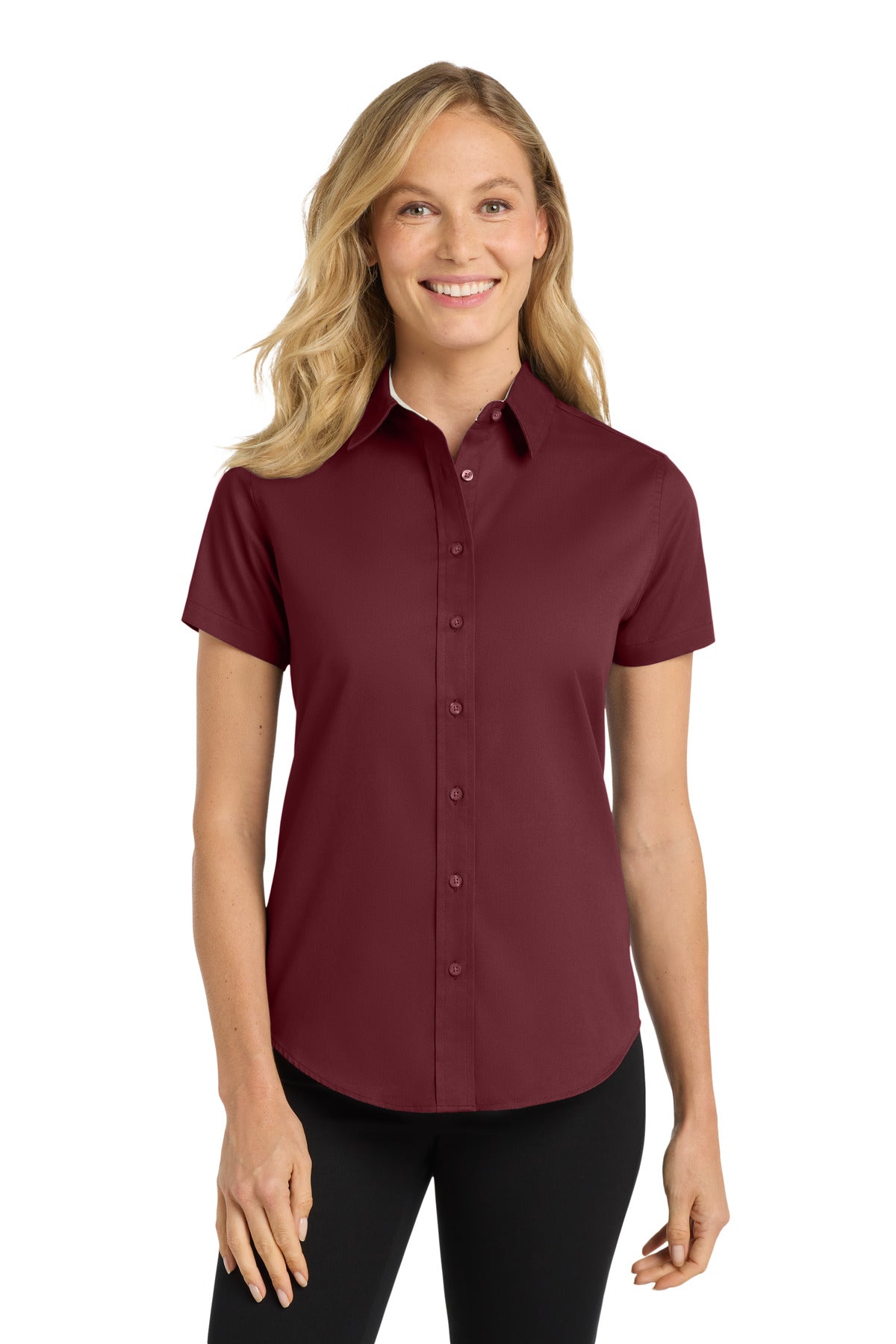Port Authority Women's Short Sleeve Easy Care  Shirt.  L508 in Burgundy/ Light Stone