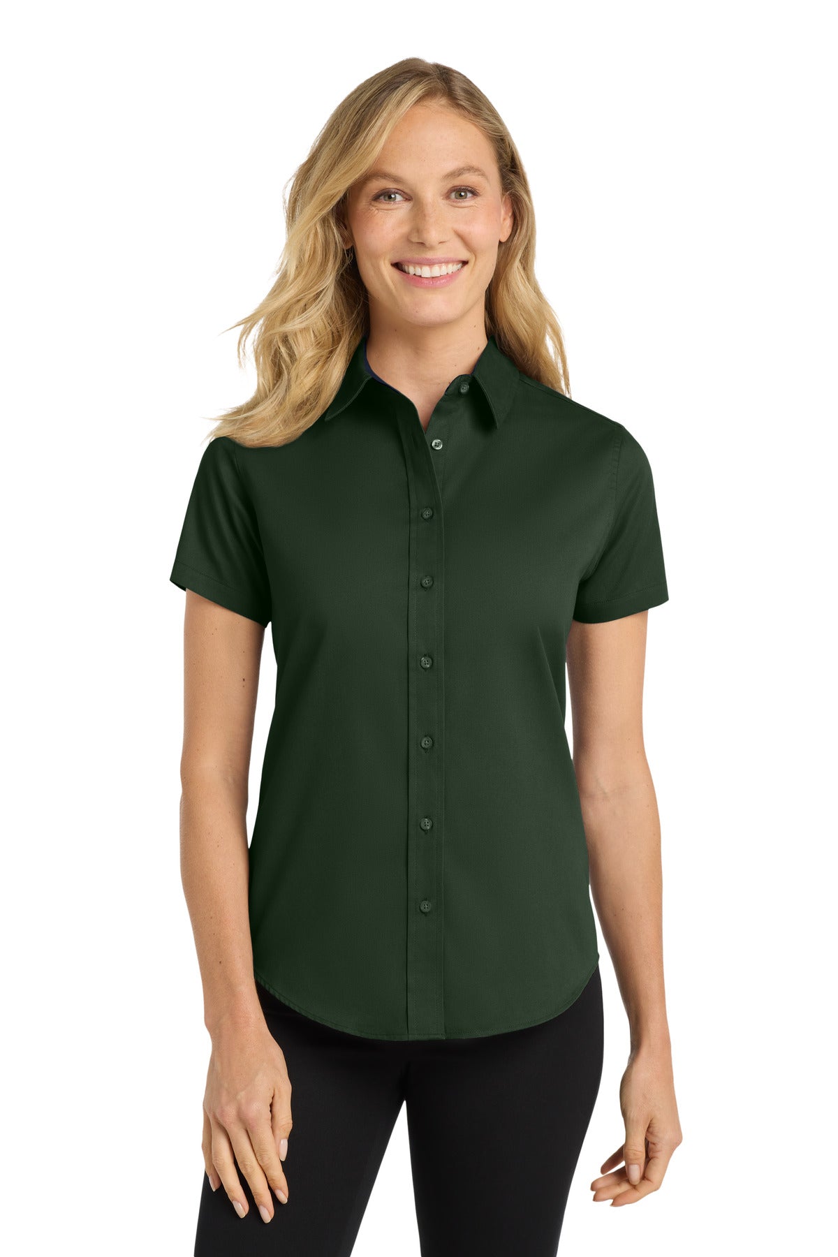 Port Authority Women's Short Sleeve Easy Care  Shirt.  L508 in Dark Green/ Navy