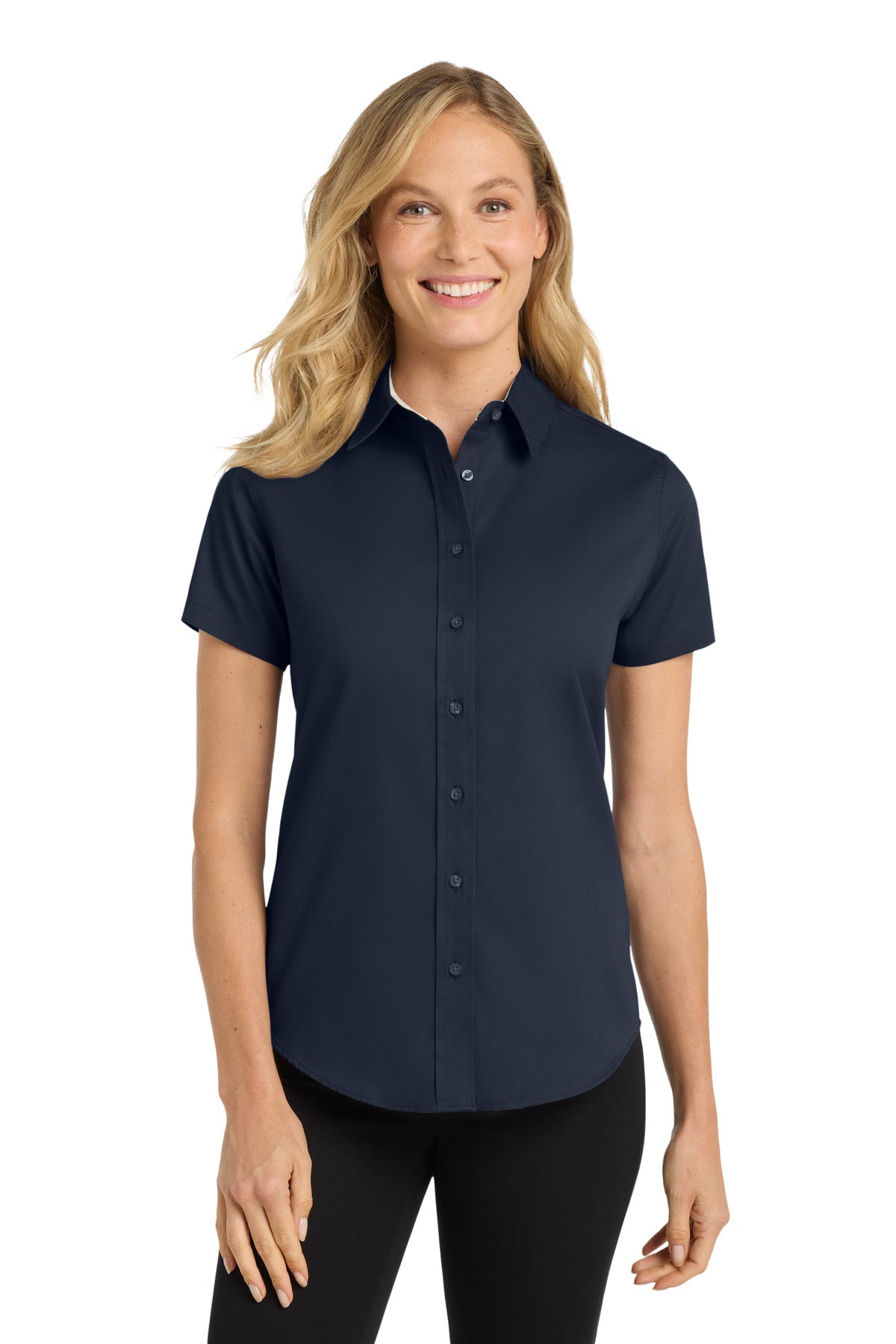 Port Authority Women's Short Sleeve Easy Care  Shirt.  L508 in Navy/ Light Stone
