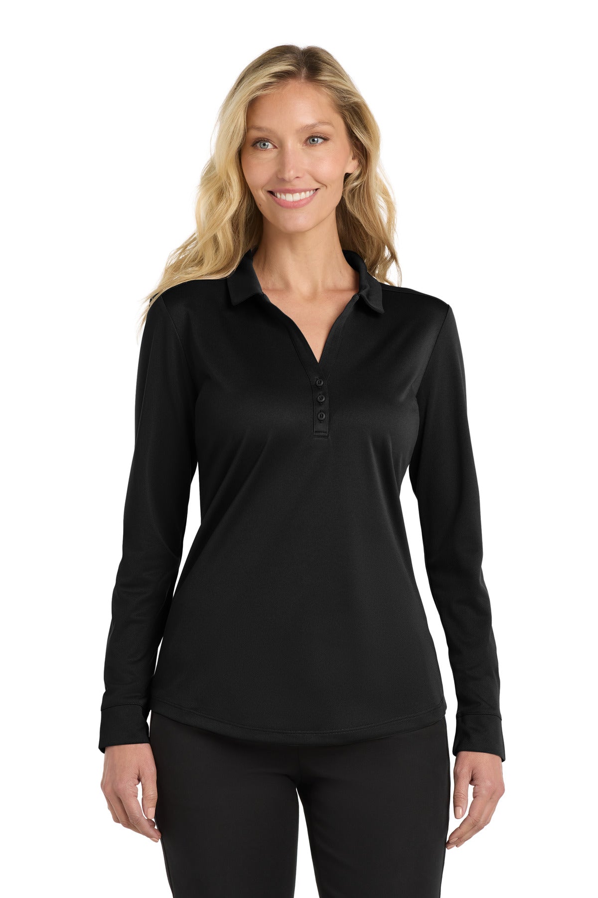 Port Authority  Women's Silk Touch   Performance Long Sleeve Polo. L540LS in Black