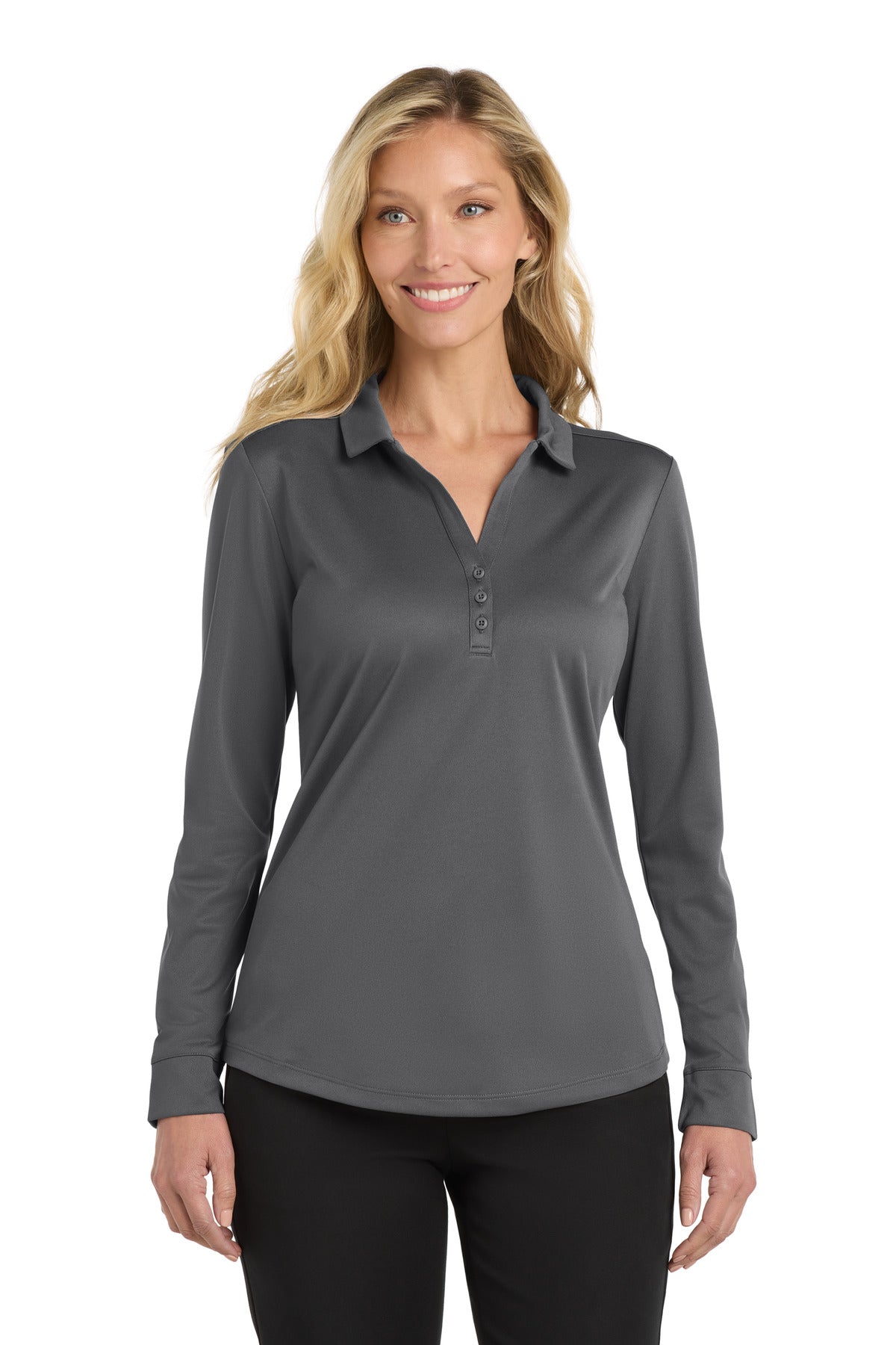 Port Authority  Women's Silk Touch   Performance Long Sleeve Polo. L540LS in Steel Grey