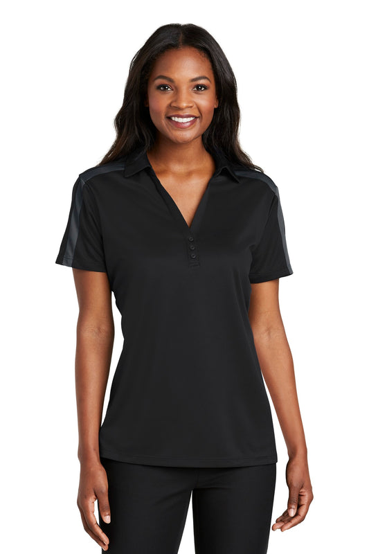 Port Authority Women's Silk Touch Performance Colorblock Stripe Polo. L547 in Black/ Steel Grey