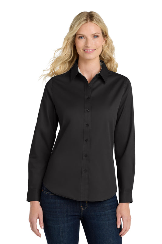 Port Authority Women's Long Sleeve Easy Care Shirt.  L608 in Black/ Light Stone