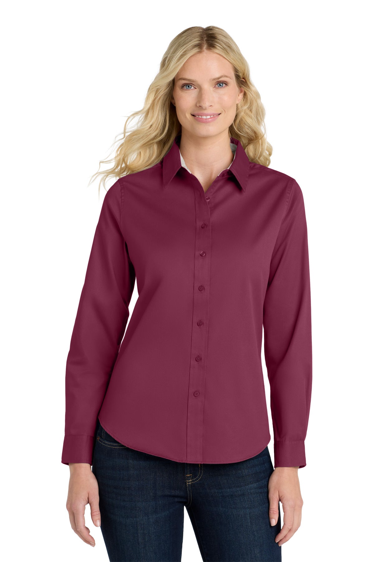 Port Authority Women's Long Sleeve Easy Care Shirt.  L608 in Burgundy/ Light Stone
